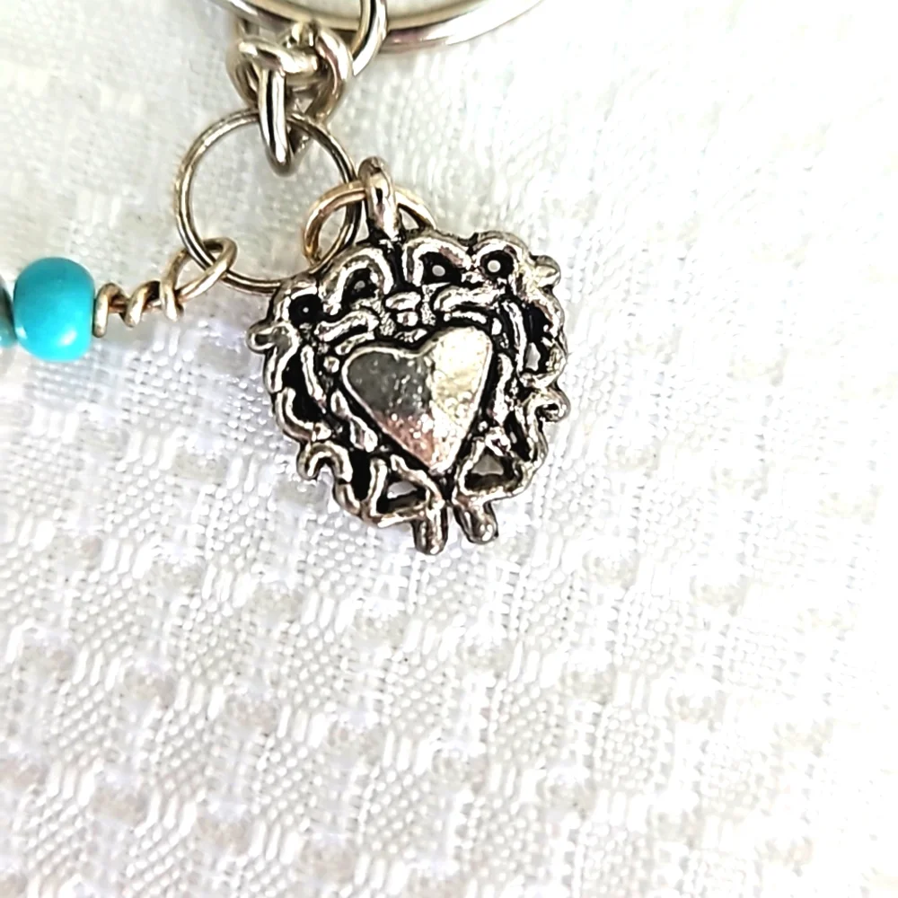 Elegant Turquoise Stone Silver Heart Keychain Keyring Handmade